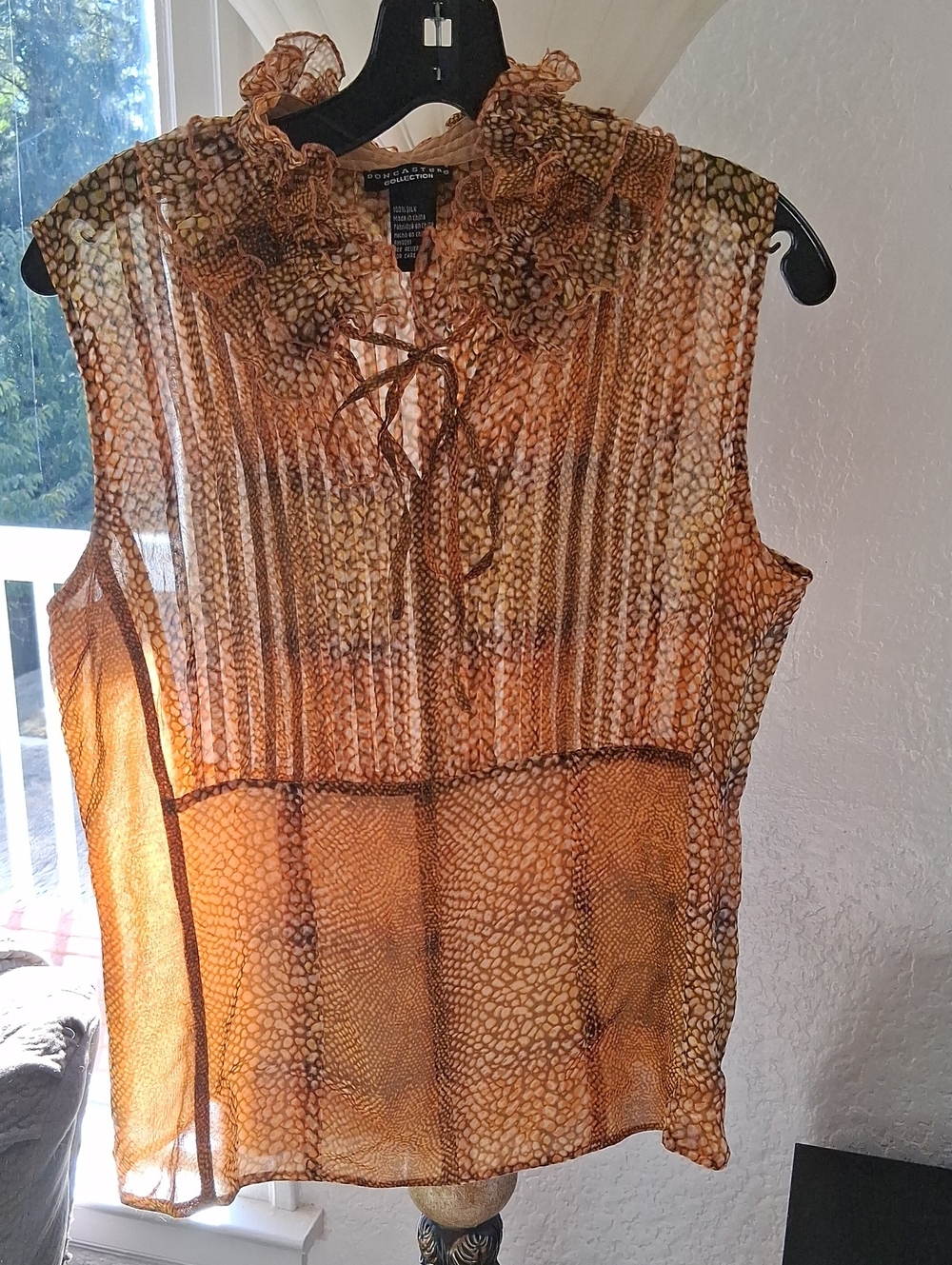 Doncaster Brown and Cream Sheer Ruffled Tie-Neck Sleeveless Camisole With Scarf